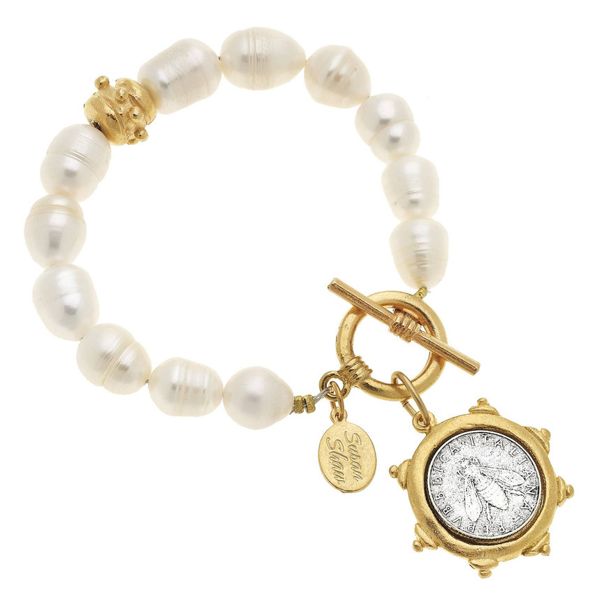 Bee Italian Coin Genuine Freshwater Pearl Bracelet